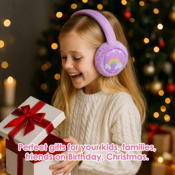 ⚡Kids Purple Knitted Rainbow Winter Outdoor Plush Adjustable Warm Ear Muffs - Picture 7 of 7